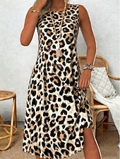 cheap Stripe&amp;Geometric Dress-Women's Midi Dress Casual Dress Sundress Shift Dress Fashion Basic Classic Daily Outdoor Vacation Regular Fit Leopard Sleeveless Crew Neck Brown Summer Spring