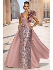  Linha A Tubinho Longo Vestidos de noite Vestido de baile com sobressaia Elegante Brilhante Floral Sem Manga Decote V Festa de Noite Casamento Cetim com Estampa floral Lantejoulas Fenda