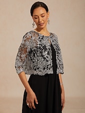 cheap Dressy Blouses-Women's Bolero Jacket Lace up Sequins Embroidered Floral Elegant 3/4 Length Sleeve Crew Neck Regular Tops Wedding Guest Cocktail Attire Black Summer Spring Fall