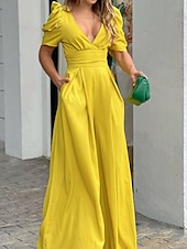 halpa rennot haalarit-Naisten Normaali Haalarit Tyylikäs Yhtenäinen väri Lyhythihainen Leveä reisi V kaula-aukko Päivittäin Loma Normaali Musta Keltainen Vaalean vihreä Kesä