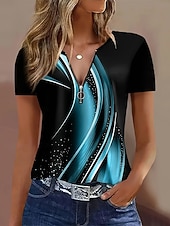 ieftine Tricou cu dungi și geometric-Pentru femei Tricou Quarter Zip Grafic Geometric Tropical Hawaiană Stilat Manșon scurt Stil Nautic Topuri obișnuite Nunta pe plaja Zilnic Sport Albastru piscină Mov Vară Primăvară