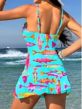 お買い得  タンキニ-女性用 スイムウェア ワンピース スカート 水着 ニット エレガント 旅行度假风 グラフィック 幾何学模様 Ｖネック ノースリーブ 水着