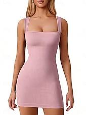 cheap Plain Dress-Women's Mini Dress Casual Dress Bodycon Slip Dress Fashion Hot Modern Outdoor Party Weekend Regular Fit Plain Sleeveless Square Neck Bright pink Black White Pink Summer Spring