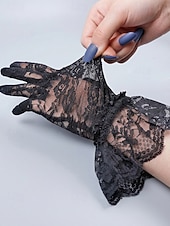 baratos Casamento ACC-Luvas femininas de poliéster com renda, design floral elegante e transparente, macias e leves, estilo clássico vintage em diversas cores, ideais para noivas, casamentos, festas noturnas, formaturas e eventos formais.