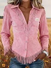 ieftine Bluze și cămăși-Pentru femei Cămașă Bluză Peteci Nasturi Franjuri Simplu Stilat occidental Modern Manșon Lung Guler Cămașă Topuri obișnuite Zilnic Concediu Ieșire Roz Îmbujorat Vară Primăvară