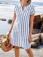 economico Abiti a Strisce e Geometrici-Per donna Mini Abito Abito a Tubino Vestito Estivo Abito Estivo Casual Quotidiano Vestibilità regolare A righe Manica Corta Scollo a V Blu Rosso Blu marino Grigio Estate