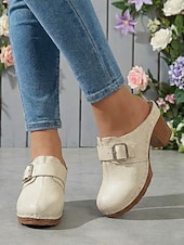 voordelige Damesklompen &amp; Muiltjes-Zwarte casual muiltjes met dikke hak voor dames - bovenkant met textuur en gespbandje, comfortabele instappers met klomphak voor werk, wandelen, reizen en casual uitjes. &amp;dagelijkse kleding