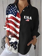  Amerikanischer Unabhängigkeitstag Damen Hemd Gerafft Blumen Grafik Flagge Vintage Stilvoll Langarm Flattrige Ärmel Glockenärmel Hemdkragen Normale Oberteile Täglich Arbeit Ferien Blau Schwarz Wei