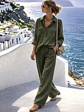 preiswerte Blusenanzüge für Damen-Damen Hosen-Sets Bolero Langarm Hemdkragen Einfarbig Mode Streetwear Lässig Täglich Outdoor Armeegrün Sommer Lässiger Schnitt