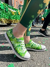 billiga Kvinno skor-Låga sneakers i canvas med grönt klövertryck för dam, St. Patrick's Day - klassiska snörskor för vardagsbruk, irländsk parad, julfest och gatufestival &amp;vardagskläder