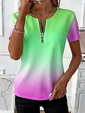 preiswerte Kunst &amp; Design T-Shirt-Damen T Shirt Reißverschluss Ombre Grafik Stilvoll Klassisch Lässig Kurzarm Rundhalsausschnitt Lange Oberteile Täglich Sport Wochenende Blau Gelb Rosa Purpur Grün Sommer Frühling