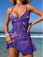 Χαμηλού Κόστους Τανκίνι-Γυναικεία Μαγιό Ενα κομμάτι Φούστα Μαγιό Κομψό Διακοπές Φλοράλ Γραφική Λαιμόκοψη V Αμάνικο Μαγιό