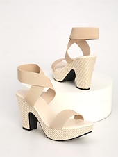 رخيصةأون ضيف حفل الزفاف-صنادل نسائية بيج اللون بكعب عريض ومنصة، أحذية رسمية مريحة بأشرطة متقاطعة مناسبة لحضور حفلات الزفاف على الشاطئ