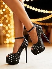 voordelige Open Teen Pumps-Zwarte stilettohakken met studs en plateauzool voor dames – stoere paaldansschoenen voor het nachtleven.