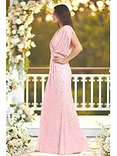 cheap Sheath Evening Dresses-Sheath Column Floor Length Wedding Guest Dress Formal Dresses Evening Gown Prom Dresses Elegant Short Sleeve V Neck Prom Formal Sequined Velvet Cowl Back with Glitter