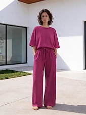 economico Imposta-Completo pantaloni da donna in lino al 15%, completo in lino, tinta unita, tasca, elastico in vita, t-shirt, pantalone, casual, a maniche lunghe, girocollo, blu, nero, bianco, blu navy, marrone chiaro, estate, primavera