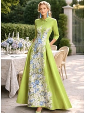 ieftine Lungimea podelei-Linia -A Lungime Podea Rochii Tip Cămașă Rochie pentru invitata de nunta Rochie formala Rochie Mama Miresei Manșon Lung Guler Cămașă Elegant Epocă Nuntă Oficial Satin cu Imprimeu Floral