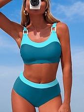 preiswerte Bikini-Sets-Damen Badeanzug Bikini Zweiteilig Slips Bademode Bauchkontrolle Hohe Taille Schlank Rückenfrei Urlaub Strandbekleidung Farbblock U-Ausschnitt Ärmellos Badeanzüge