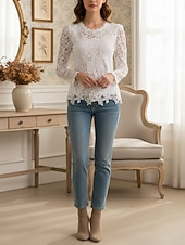 abordables Hauts en dentelle-Femmes Chemise Chemisier Hauts en dentelle Dentelle Uni ancien Classique Occasionnel manche longue Col ras du cou Hauts Réguliers Quotidien Fête Sortir Bleu Noir Blanche Rose Claire Vin Printemps