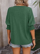 preiswerte Einfarbiges T-Shirt-Damen T Shirt Rüsche Einfarbig Vintage Stilvoll Klassisch Dreiviertelarm V Ausschnitt Normale Oberteile Täglich Schwarz Rosa Marineblau Fuchsie Grün Sommer Frühling