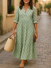 baratos Vestidos Falsos Essenciais-Mulheres Vestido maxi longo Linho de algodão sintético Vestido casual Vestido A Line Moda Moderno Diário Férias Para Noite Normal Folha Manga Longa Colarinho de Camisa Azul Amarelo Claro Branco Rosa