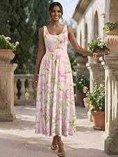preiswerte Blumenkleider-Damen Midikleid Sommerkleid A Linie Kleid Unterkleid Faltenkleid Urlaub Lässig Boho Strand Date Normale Passform Blumen Grafik Ärmellos U-Ausschnitt Rundausschnitt Rosa Rote Grün Beige Sommer Frühling