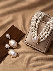 Недорогие Свадьба ACC-Женский комплект из ожерелья и сережек из искусственного жемчуга, винтажное элегантное многослойное колье-чокер с овальным кулоном, классические свадебные украшения для свадьбы, вечерних вечеринок и торжественных мероприятий.