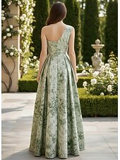 cheap A-Line Evening Dresses-A-Line Floor Length Evening Gown Elegant Daily Sleeveless V Neck Wedding Formal Satin with Pleats Slit Print