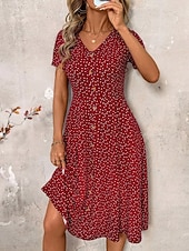 economico Abiti floreali-Per donna Abito Midi Abito a trapezio Vacanza Casual All'aperto Uscire Vestibilità regolare A Pois Manica Corta Scollo a V blu navy Nero Rosso Verde Estate Primavera