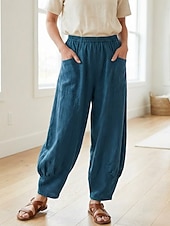 preiswerte Premium-Leinen-Kollektion-Damen-Leinenhose aus 70 % Leinen, weites Bein, Chino-Stil, Sommerhose, Urlaubshose, Streetwear, Basic, lange Länge, mittlere Bundhöhe, schlicht, Tasche, elastischer Bund, bequem, komfortabel, nicht elastisch, für Alltag, Outdoor, Straße, Bordeauxrot, Azur