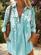 economico Bluse Floreali-camicia da donna in chiffon con stampa floreale sfumata leggera casual con bottoni a manica lunga con revers colletto top camicetta traspirante vestibilità comoda taglie diverse