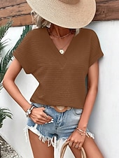 baratos Camiseta lisa-Mulheres Camiseta T-shirt Côr Sólida Moda à moda Clássico Manga Curta Decote V Tops regulares Diário Para Noite Final de semana Rosa Verde Tropa Vermelho Marron Verde Verão Primavera