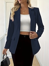 baratos Blazers e Fatos-Mulheres Blazer Confortável Bolsos Moda Casual Tecido Escritório Festa Rua Roupa Diária Padrão Lapela Chanfrada Normal Manga Longa agasalhos Preto Branco Azul Marinha Primavera Outono