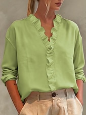 cheap Shirts-Women's Linen-feel Shirts Blouse Ruffle Solid Color Stylish Basic Casual Long Sleeve V Neck Regular Tops Daily Blue White Pink Royal Blue Green Spring Fall