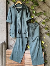 levne Základní sady falešných koordinačních kalhotek-Dámské Sady kalhot Bolero Imitace bavlny a lnu Dlouhý rukáv Košilový límec Pevná barva Módní Šik ven Ležérní Denní Venkovní Vodní modrá Bílá Oceánová modř Léto Volný