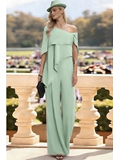 cheap Mom's Jumpsuits-Jumpsuits Floor Length Mother of the Bride Dress Short Sleeve Off Shoulder Elegant Formal Wedding Guest Wedding Party Chiffon with Ruffles