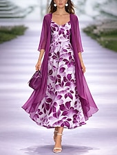 abordables Vestido Floral-Mujer Conjunto de vestido Vestido de una línea Elegante Vacaciones Floral Graphic Multi capa Estampado Vestido Midi Manga 3/4 Escote en Pico Diario Vacaciones Azul Piscina Morado Verde Trébol Verano