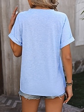 cheap Plain Blouses-Women's T Shirt Tee Top Buttons Plain Fashion Stylish Classic Short Sleeve V Neck Regular Tops Daily Going out Weekend Black Pink Sky Blue Fuchsia Green Summer Spring
