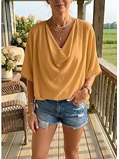 baratos Blusas e Camisas-blusa feminina elegante elegante cor sólida franzido manga morcego comprimento 3/4 manga regular tops gola alta trabalho diário preto branco amarelo rosa céu azul verão primavera outono