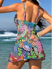 Χαμηλού Κόστους Τανκίνι-Γυναικεία Μαγιό Ενα κομμάτι Φούστα Μαγιό Κομψό Διακοπές Φλοράλ Γραφική Λαιμόκοψη V Αμάνικο Μαγιό