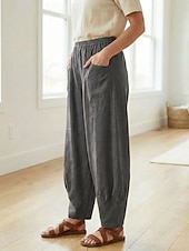 preiswerte Premium-Leinen-Kollektion-Damen-Leinenhose aus 70 % Leinen, weites Bein, Chino-Stil, Sommerhose, Urlaubshose, Streetwear, Basic, lange Länge, mittlere Bundhöhe, schlicht, Tasche, elastischer Bund, bequem, komfortabel, nicht elastisch, für Alltag, Outdoor, Straße, Bordeauxrot, Azur