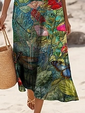  Women's Midi Dress Faux Cotton Linen Shift Dress Sundress Casual Dress Vintage Daily Outdoor Vacation Regular Fit Floral Sleeveless Crew Neck Green Summer Spring