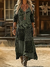 billiga Etnisk Boho Klänning-Dam Maxiklänning Boho-klänning Vintage klänning Vardagsklänning Vintage Dagligen Utomhus Semester Normal Blommig Långärmad V-hals Svart Armégrön Marinblå Purpur Vår Höst