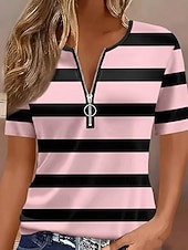 economico T-shirt a righe e geometrico-Per donna Maglietta Cerniera Zip a un quarto Grafico Geometrico Blocco di colori Tropicale Hawaiano Elegante Manica Corta Girocollo Top Regolari Matrimonio in Spiaggia Quotidiano Sportivo Blu Nero