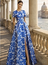  גזרת A עד הריצפה שמלות ערב שמלת נשף אלגנטית וינטאג' פרחוני שרוולים קצרים צווארון עגול קצר מסיבת חצר חתונה כיס ג'אקרד גב בדוגמת דרפה עם שסע כיס