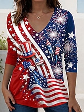 economico Magliette Giorno dell’Indipendenza-Giorno dell'Indipendenza Americana Per donna Maglietta Stampato Grafico Bandiera Americana Vintage Elegante Classico Manica Lunga Scollo a V Top Regolari Quotidiano Weekend Blu Nero Blu turchese