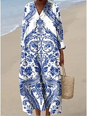 ieftine Rochii boho-Pentru femei Rochie Maxi Rochie de Vară Rochie A line Vacanță Casual Boho Plajă Petrecere Potrivire Largă Floral Grafic Geometric Manșon Lung În V Alb Albăstrui Negru Kaki Vară Primăvară Toamnă