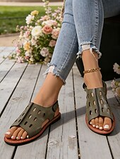 abordables Sandales Plates-Sandales à bout ouvert perforées vert armée pour femmes - modèles ajourés respirants, chaussures décontractées légères idéales pour l'été, les voyages, les loisirs de plein air et le quotidien