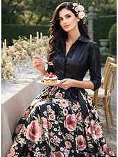 preiswerte Bodenlänge-A-Linie Bodenlang Kleid für Hochzeitsgäste Abendkleid Brautmutterkleid Dreiviertelarm Hemdkragen Elegant Hoher Schlitz Formell Satin mit Knöpfe
