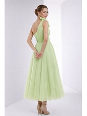 お買い得  Aラインのイブニングドレス-Ａライン アンクル丈 ウェディングゲストドレス フォーマルドレス イブニングガウン 卒業ドレス エレガント ノースリーブ ワンショルダー プロムドレス フォーマル オーガンザ ととも​​に 刺繍の花